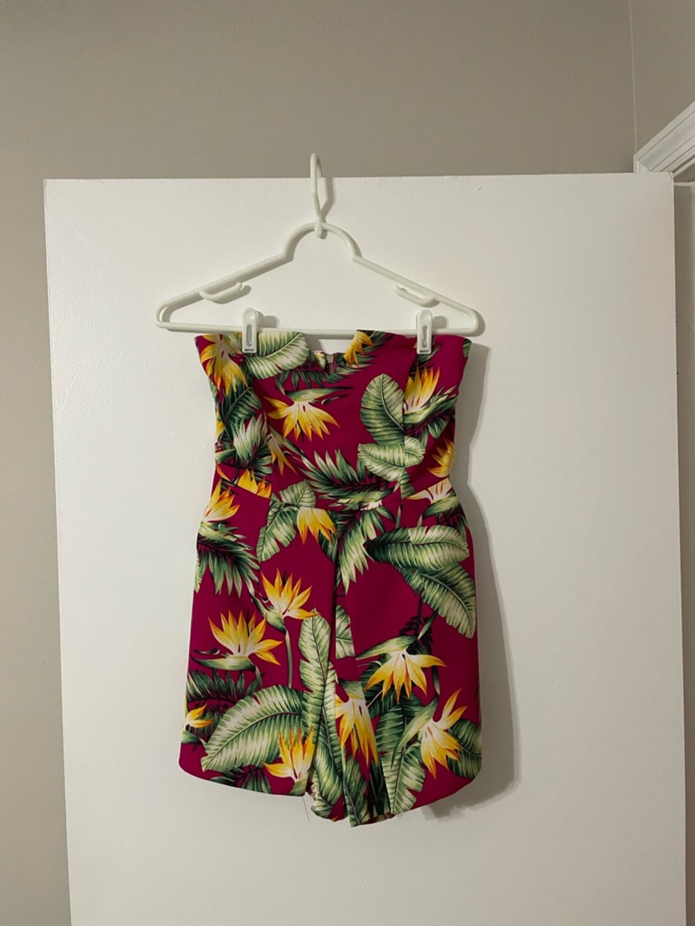 Blush Tropical Magenta Strapless Romper with Green & Yellow Leaf Print